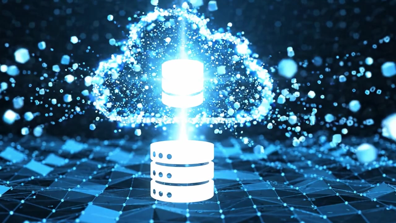 Abstract Representation of Cloud Computing with Data Storage in a Dynamic Digital Environment, Illustrated by a Network of Floating Particles and Geometric Patterns
