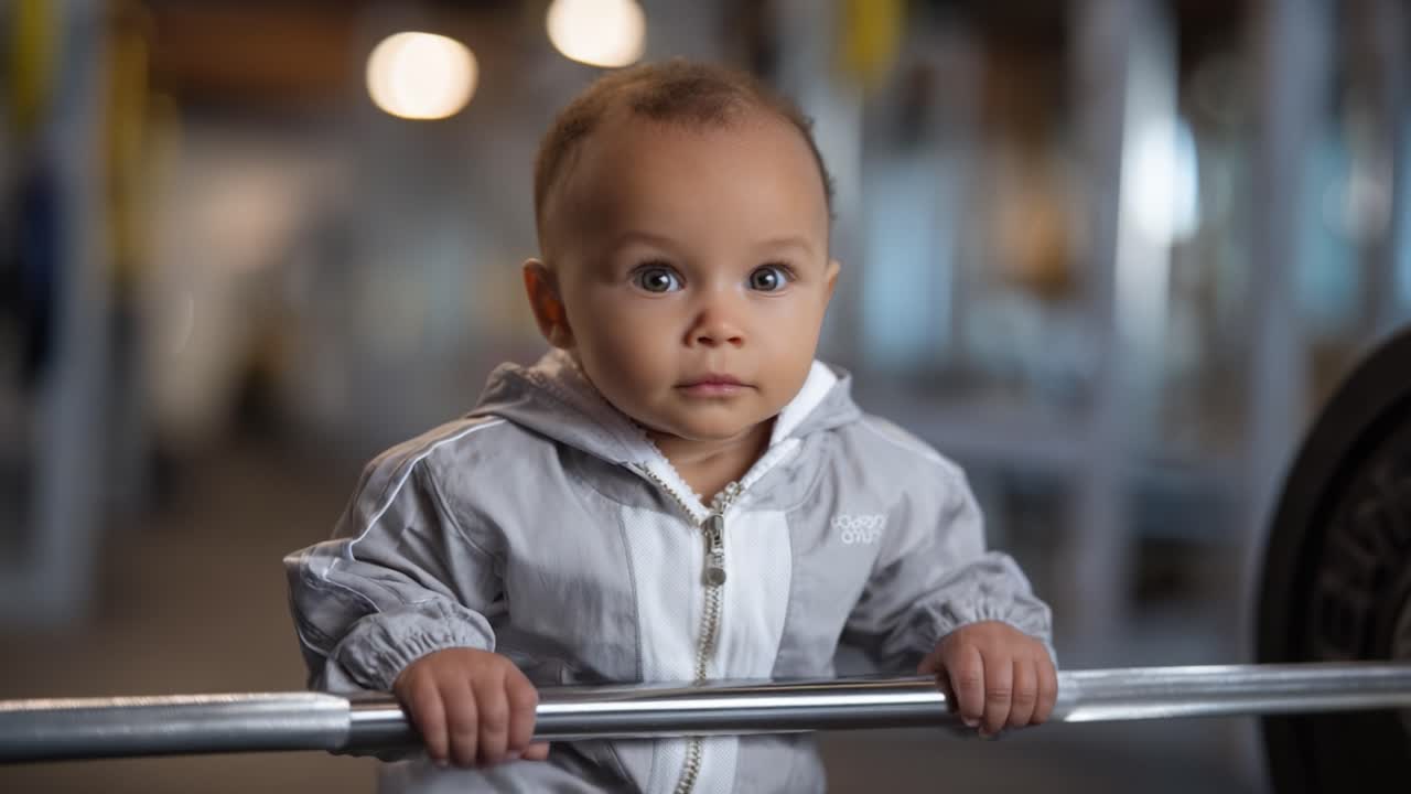 Un bebè adorabile in tenuta da palestra gioca allegramente con un bilanciere, mostrando innocenza e curiosità in un ambiente fitness con attrezzature intorno