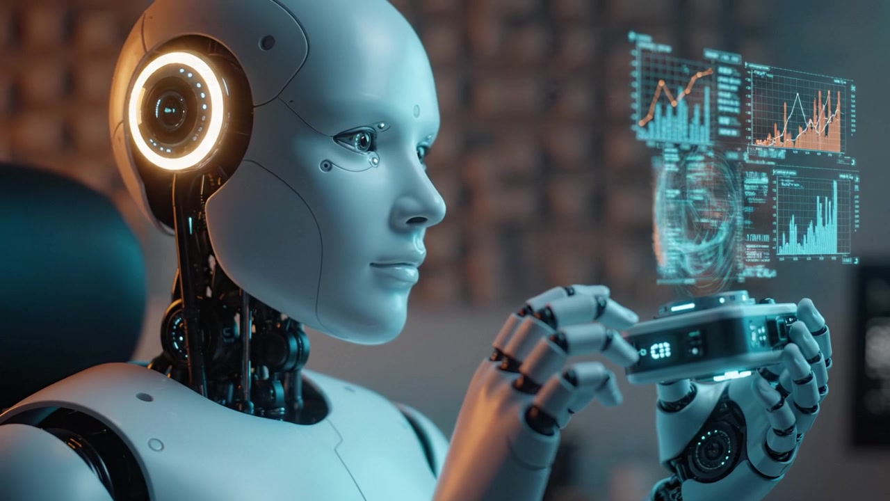 A humanoid robotic figure focuses intently on a futuristic digital interface while holding a sleek device, illustrating the intersection of technology and artificial intelligence.