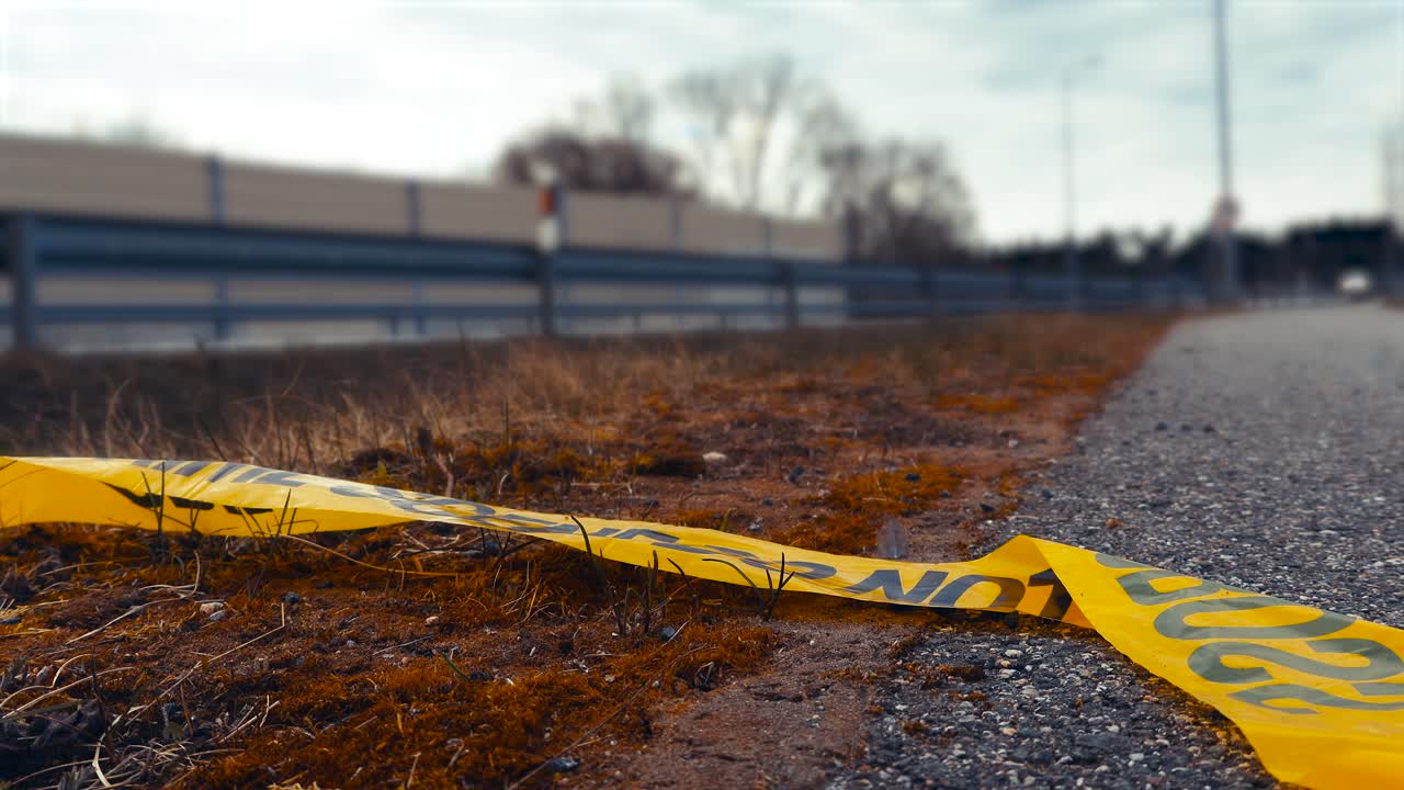 Dramatic close up of yellow police tape with the text Crime Scene Do Not Cross lying on the ground next to a busy highway, marking off an area of investigation for a serious incident