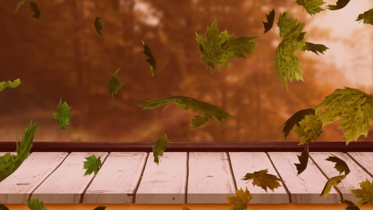Animation of leaves blowing over wooden table top and autumn trees