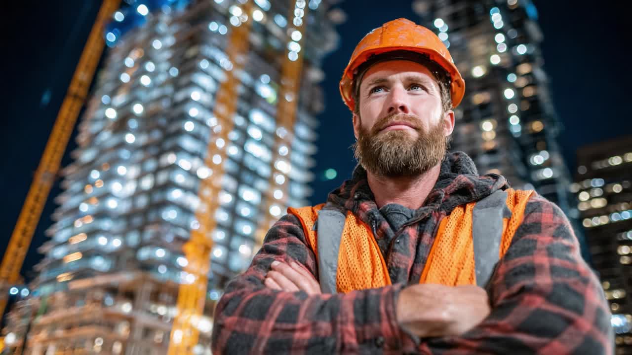 A Determined Construction Worker Overseeing Urban Development at Night with Skyscrapers in the Background, Exemplifying Hard Work and Commitment to Safety