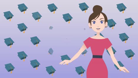 Animation-of-woman-talking-over-graduate-caps-icons