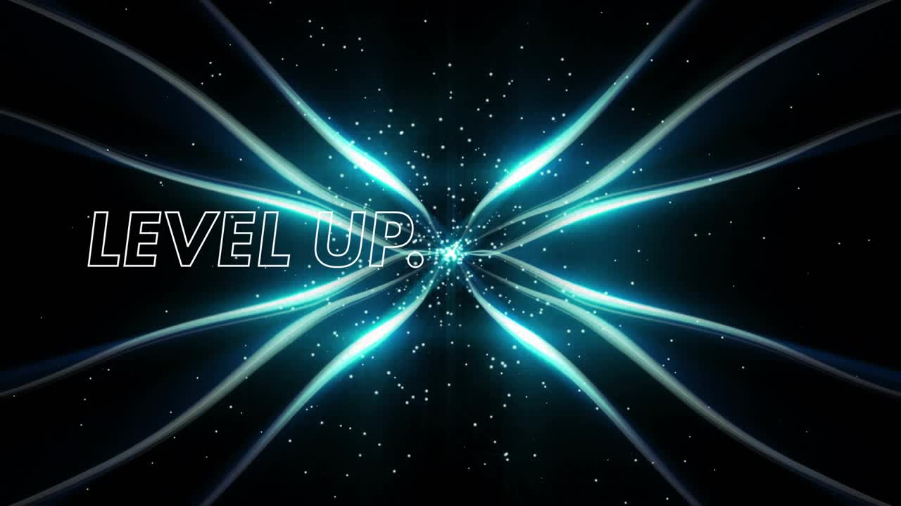 On particle ignition, cyan ribbons converging at center, text sliding in and glitching for level up