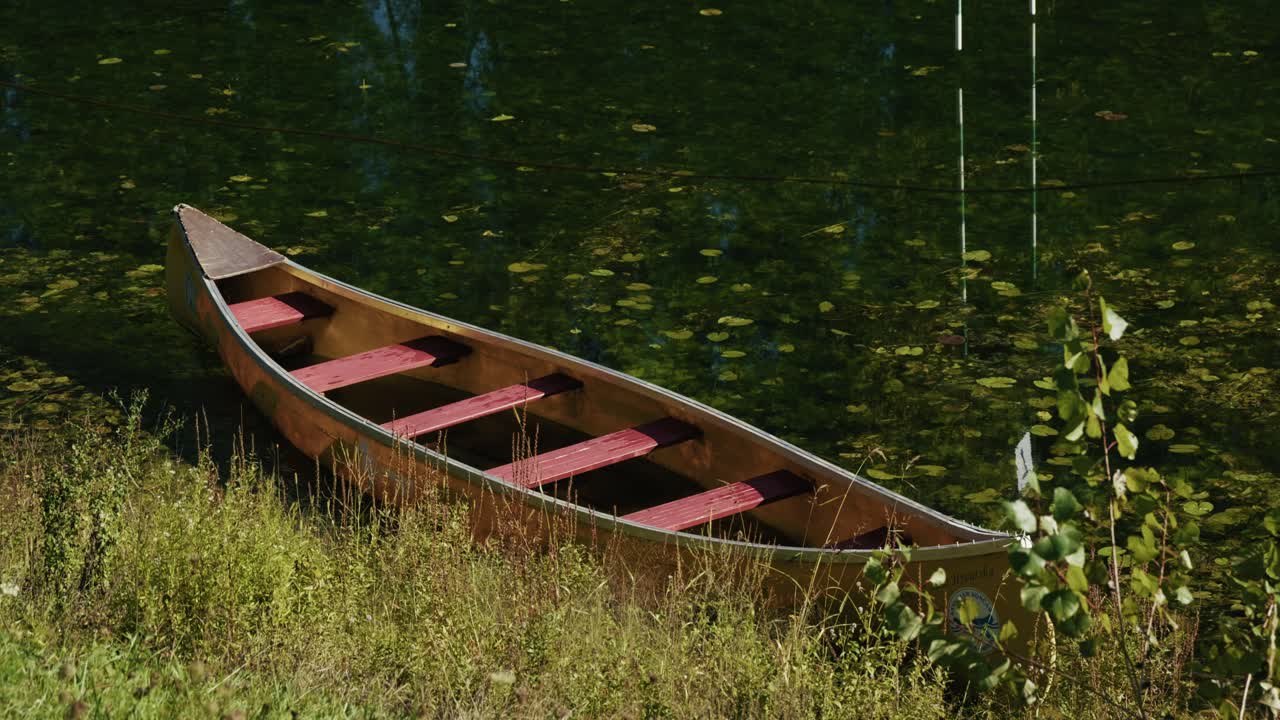 A small wooden boat with red seats sits near the shore in calm green water covered with aquatic plants, surrounded by tall grass and vegetation in soft sunlight