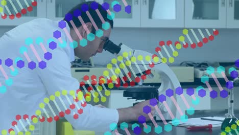 Animation-of-dna-floating-over-biracial-male-lab-worker-using-microscope