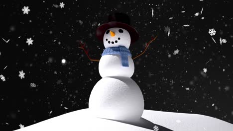 Animation-of-falling-white-snowflakes-over-christmas-snowman-and-night-sky