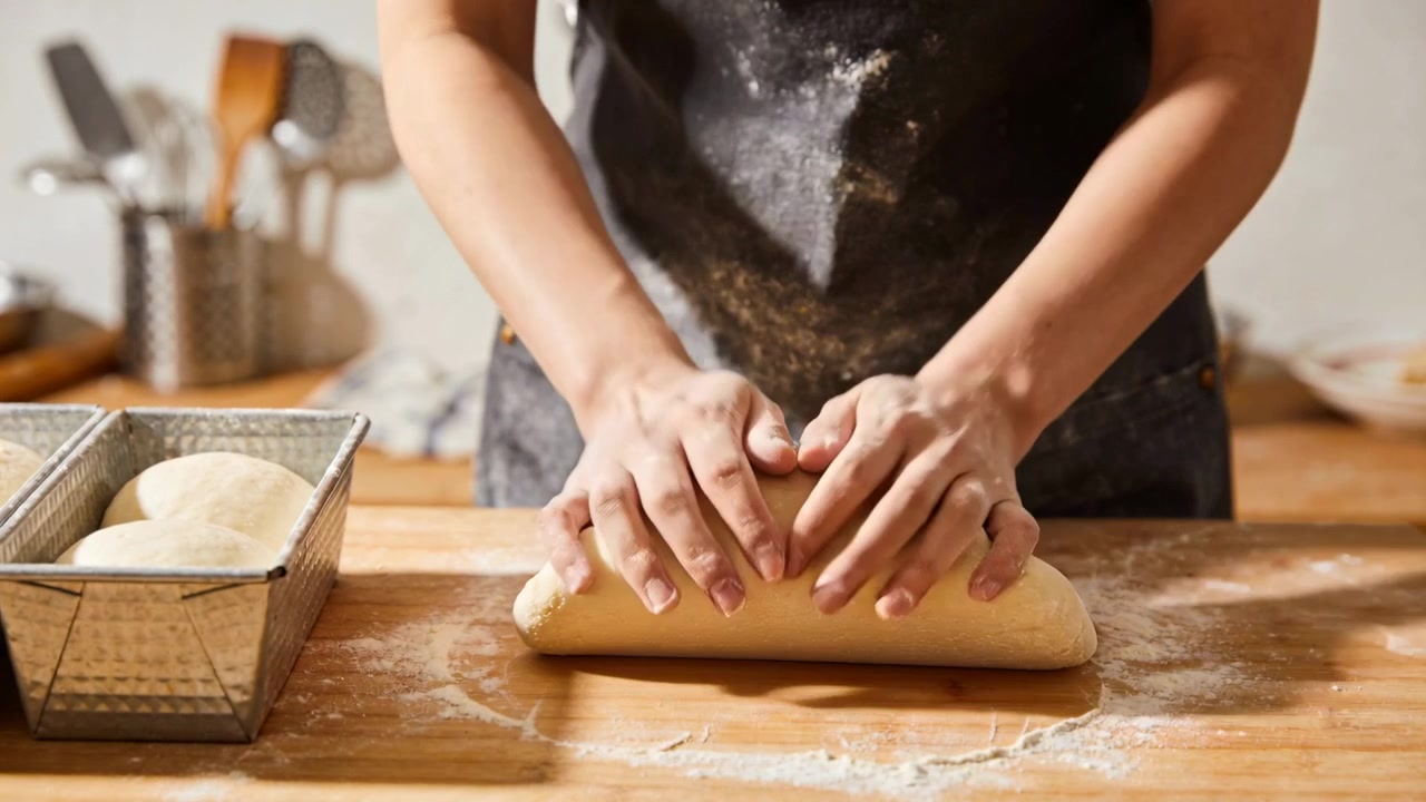 Shaping baker in apron placing dough on counter pressing folding rolling for proof with metal pan