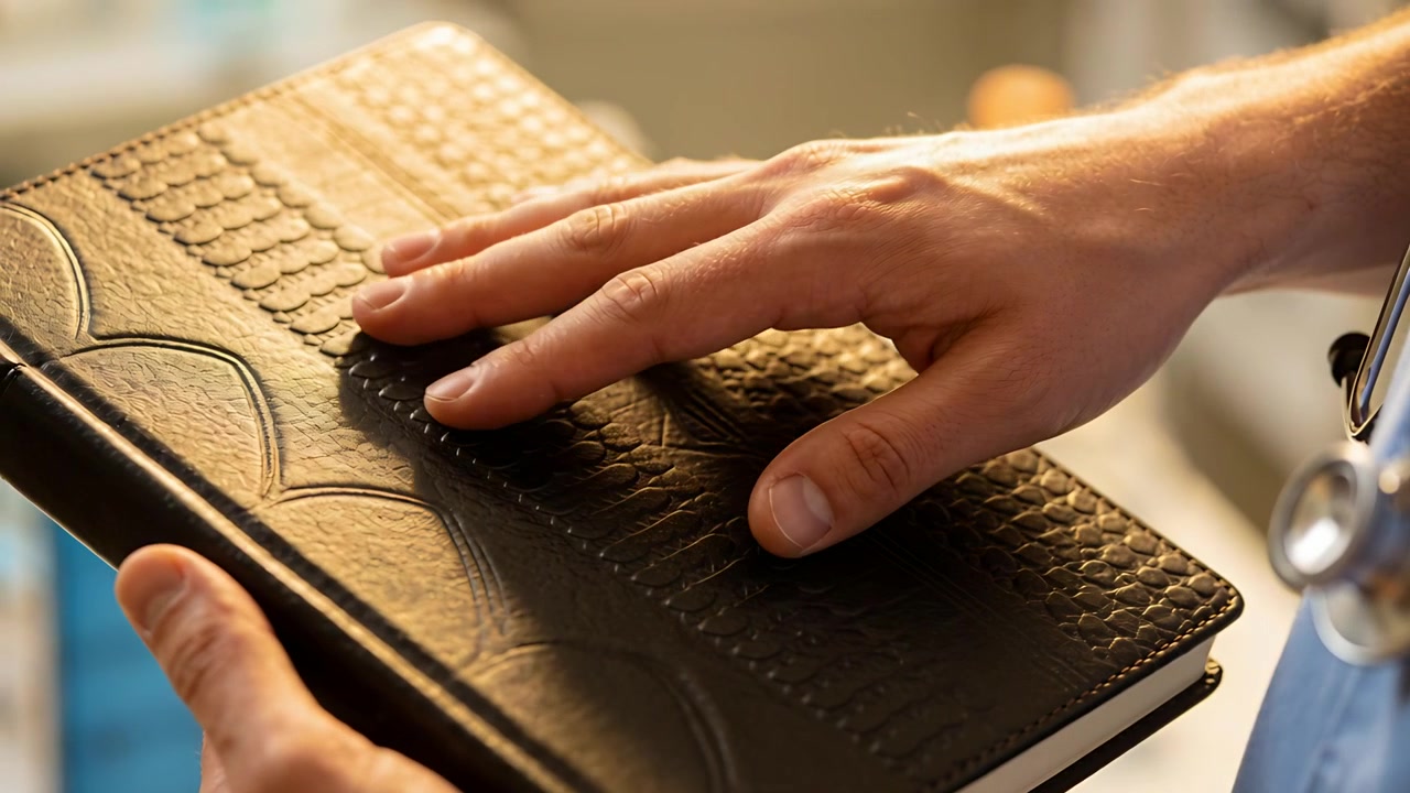 Mano destra in camice blu che si posa su un libro di pelle tenuto dall'altra mano in clinica, con uno stetoscopio.