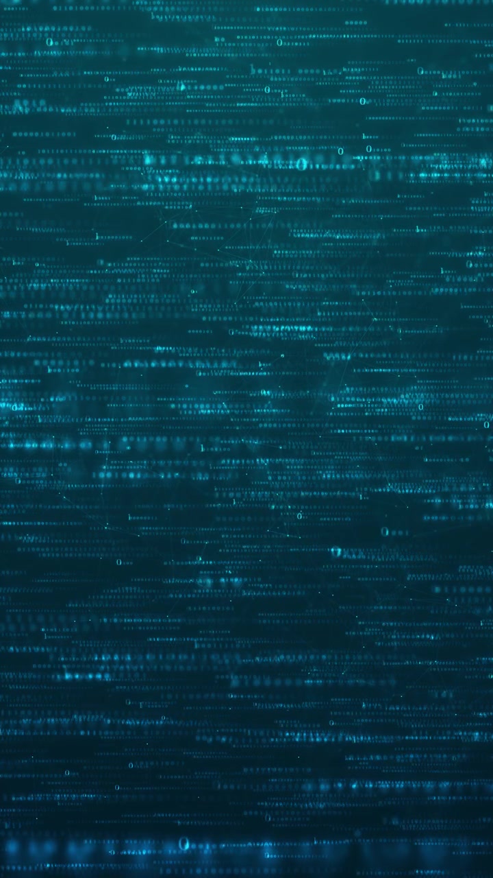 Blue binary code network background with glowing digits connected polygon lines and dark data