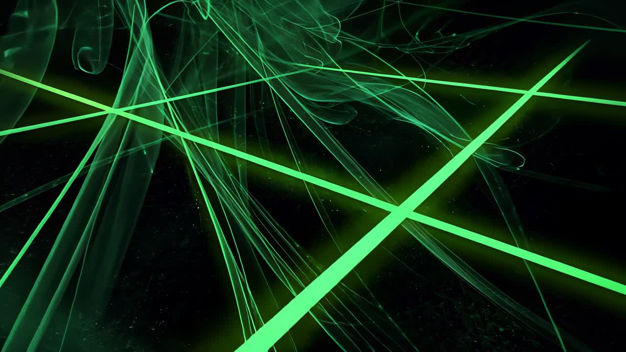 Linee della griglia verde neon che si lanciano, spostandosi e ruotando nel vuoto digitale, svelando filamenti pulsanti