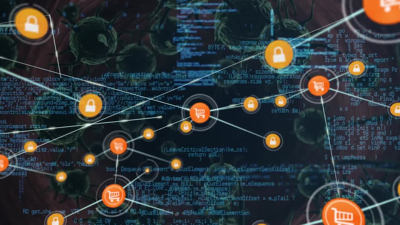 red de iconos digitales sobre red de rejilla contra múltiples células de covid-19 en fondo negro