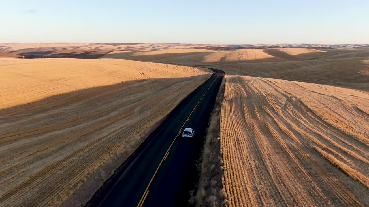 Ripresa con drone che segue un'auto che guida lungo una stretta strada di campagna tra campi dorati all'alba o al tramonto.