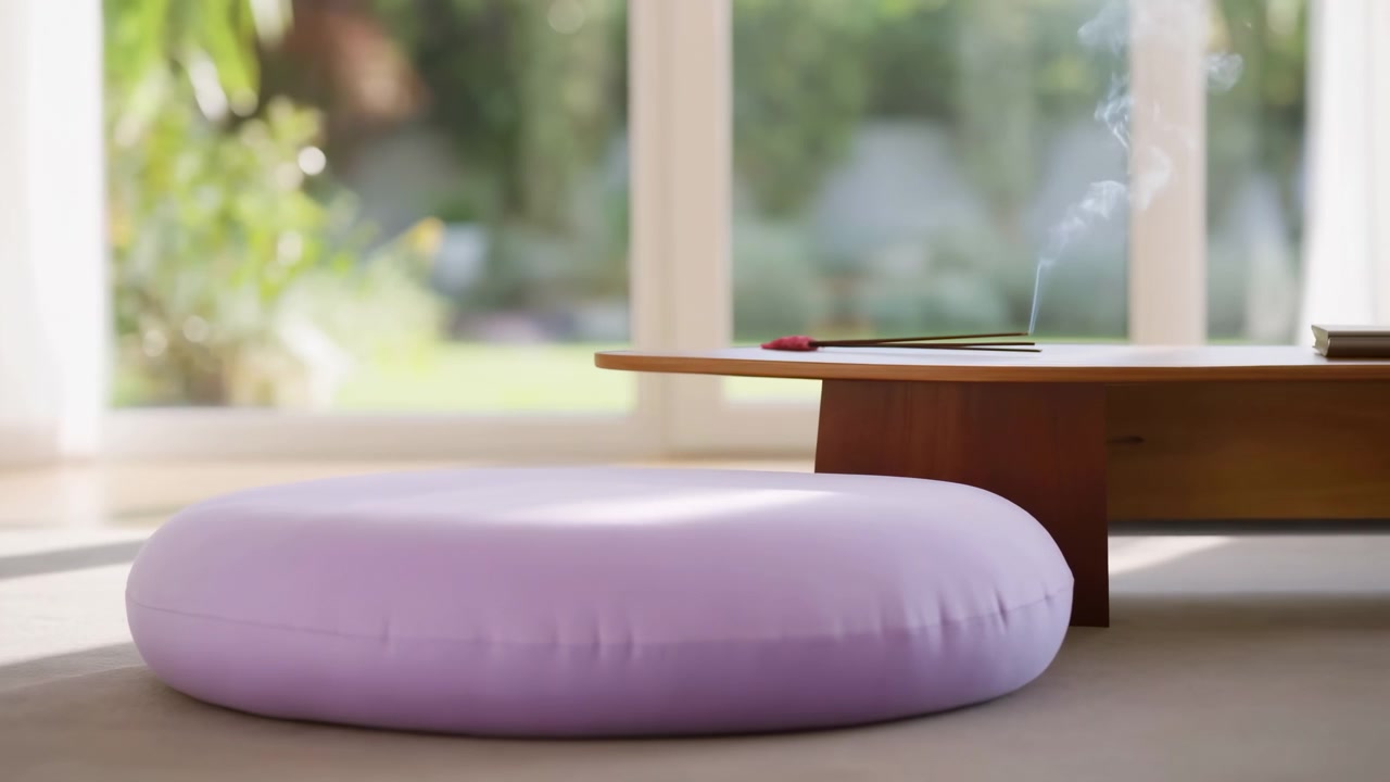 Cuscino rotondo color lavanda poggia su un pavimento chiaro vicino a un tavolino di legno basso mentre un sottile fumo d'incenso sale delicatamente in un angolo luminoso per la meditazione, rivelando una luce diurna morbida, ombre calde e un'atmosfera minimalista e pacifica