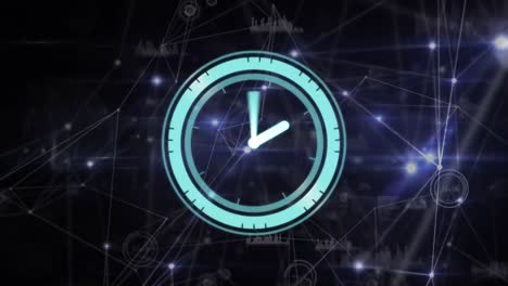 Animation-of-neon-ticking-clock-over-glowing-network-of-connections-on-black-background