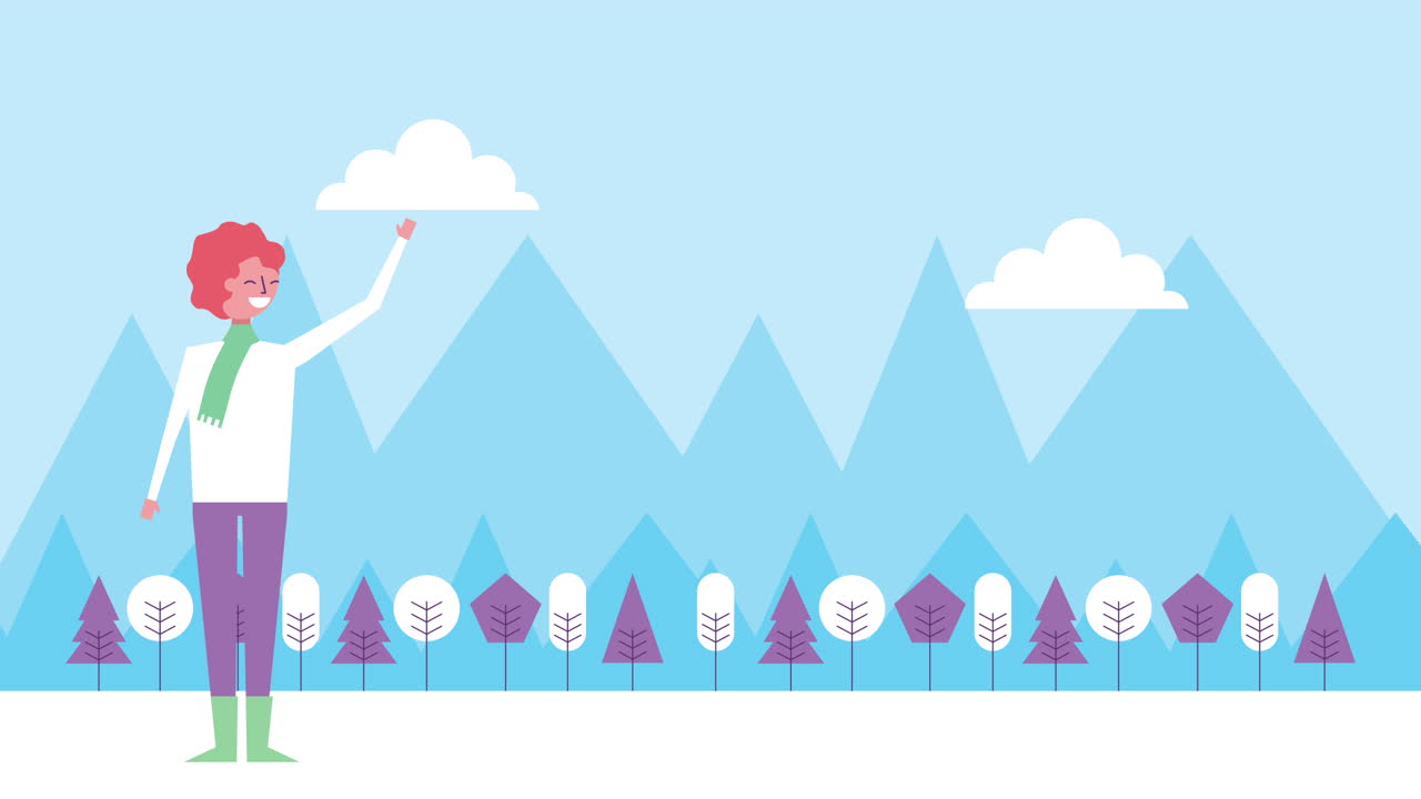 여자 와 숲 과 함께 겨울의 눈 풍경 장면