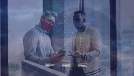 color icons popping and digital moving lines, colleagues discussing over cellphone, buildings