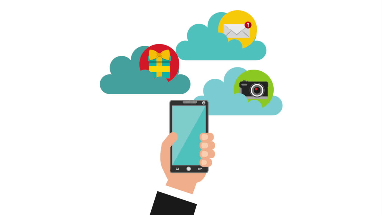 클라우드 스토리지 및 메신저 아이콘이 있는 휴대전화