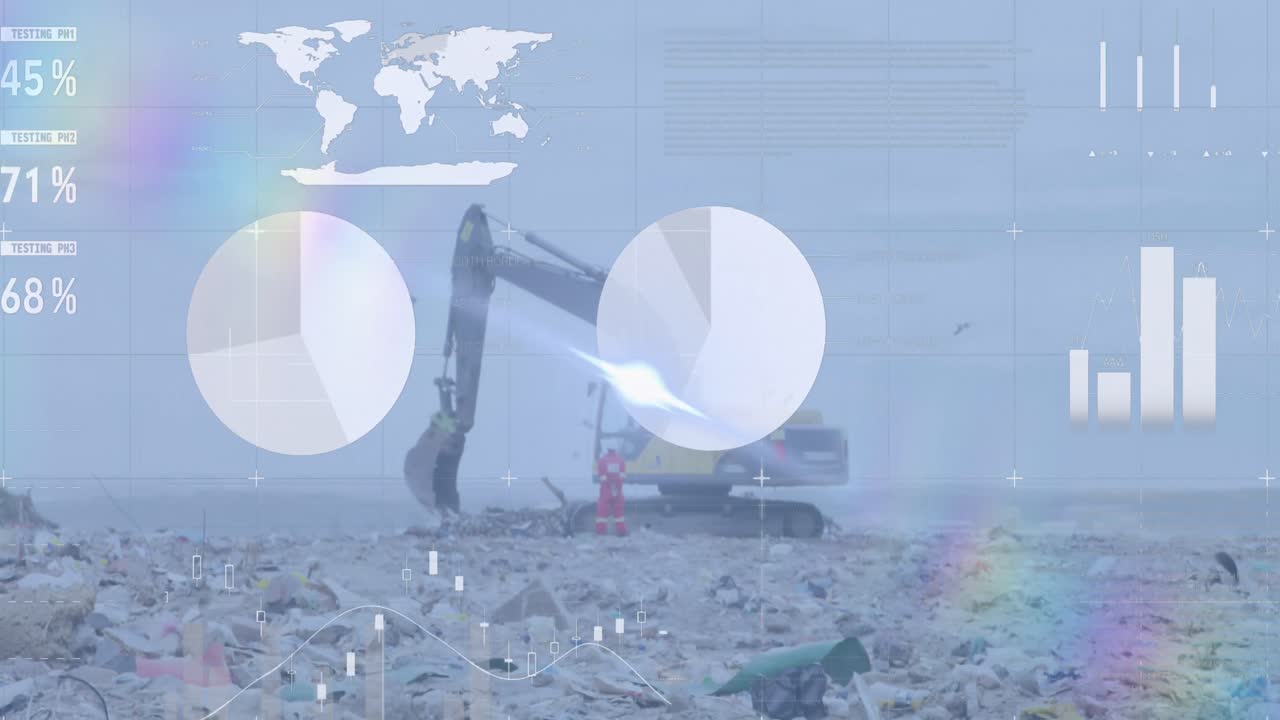 여러 그래프와 데이터의 애니메이션이 덤블로저와 쓰레기 매립장에서 이동합니다.