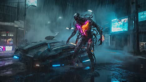 neon-wired being in a rainy cyberpunk city