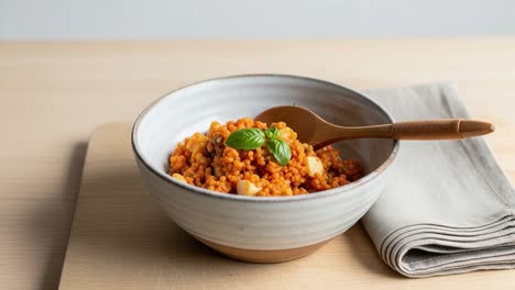 a delicious bowl of colorful couscous garnished with fresh basil, perfectly plated for a culinary experience and inviting presentation on a wooden surface