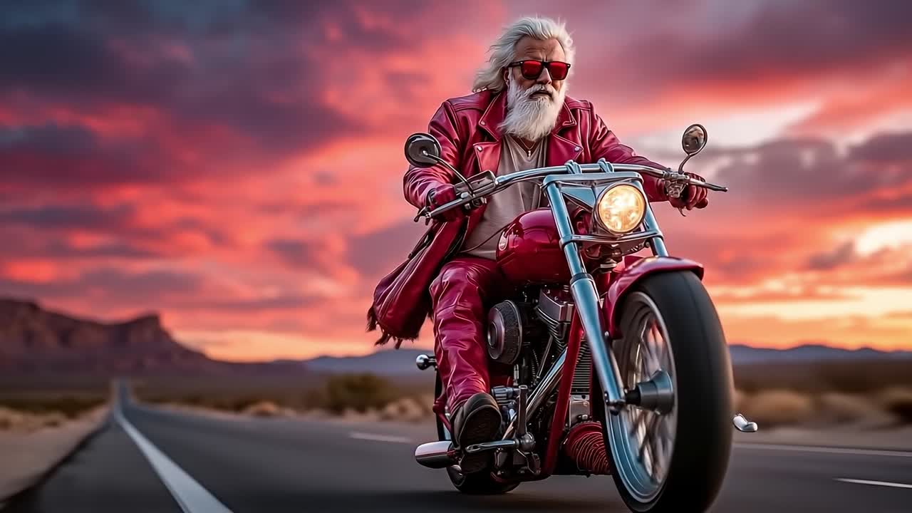 A man riding a motorcycle down a road at sunset