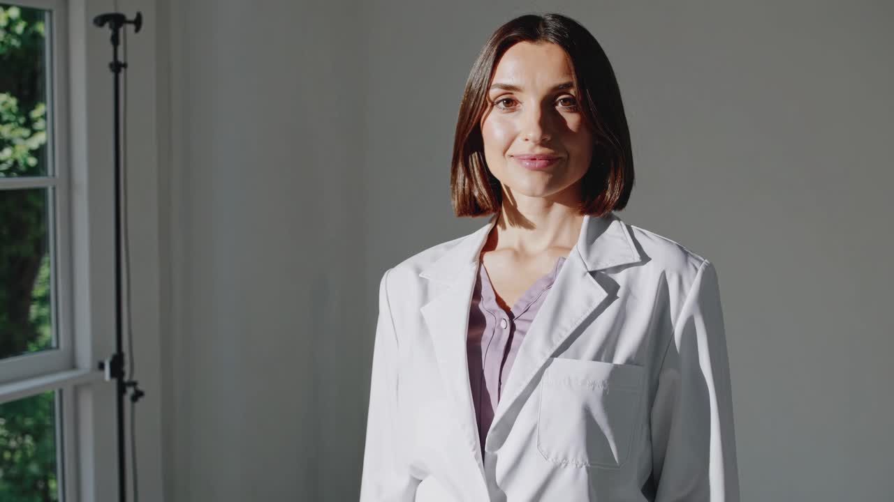 Professional female medical practitioner wearing white lab coat, standing in a bright, modern office or clinic, exuding confidence and expertise in healthcare