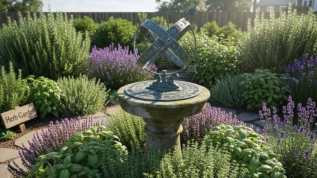 A Beautiful Herb Garden Featuring an Elegant Sundial Surrounded by Lush Lavender and Greenery, Showcasing Nature's Tranquility and Timeless Design