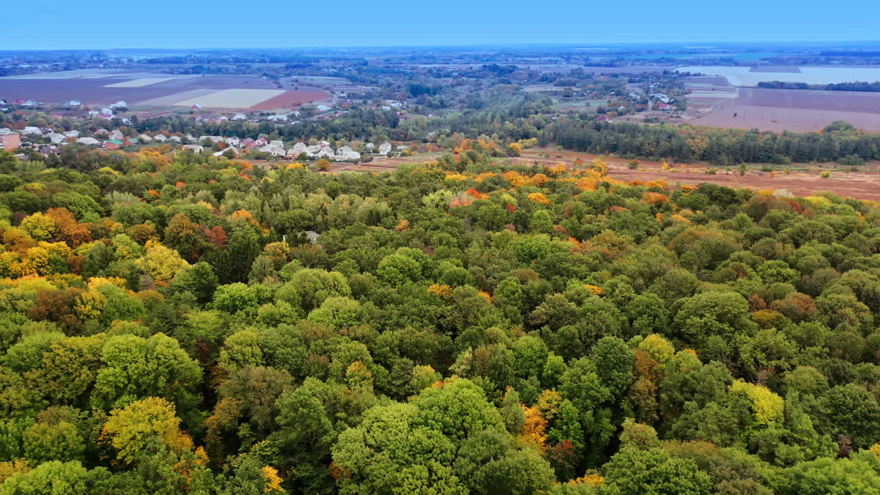 Green woods neighboring near the picturesque village and agricultural fields. Hazy horizon at backdrop.