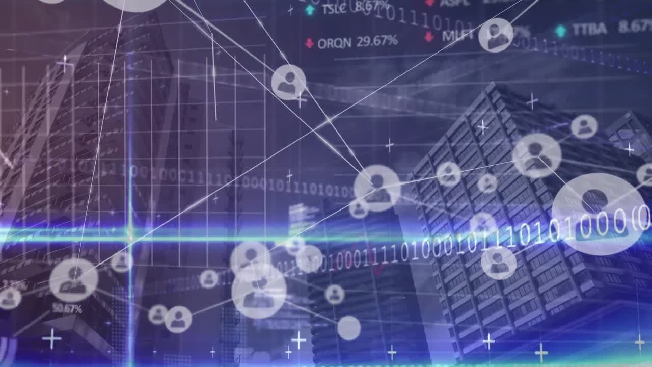 사람들과의 연결 네트워크의 애니메이션 아이콘과 현대적인 건물에서 데이터 처리가