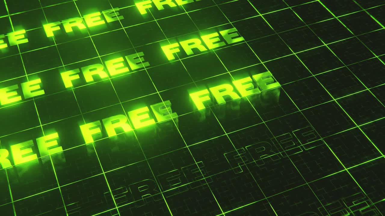 The word FREE in bright green neon repeated on digital grid, 3D render