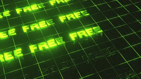 The-word-FREE-in-bright-green-neon-repeated-on-digital-grid,-3D-render