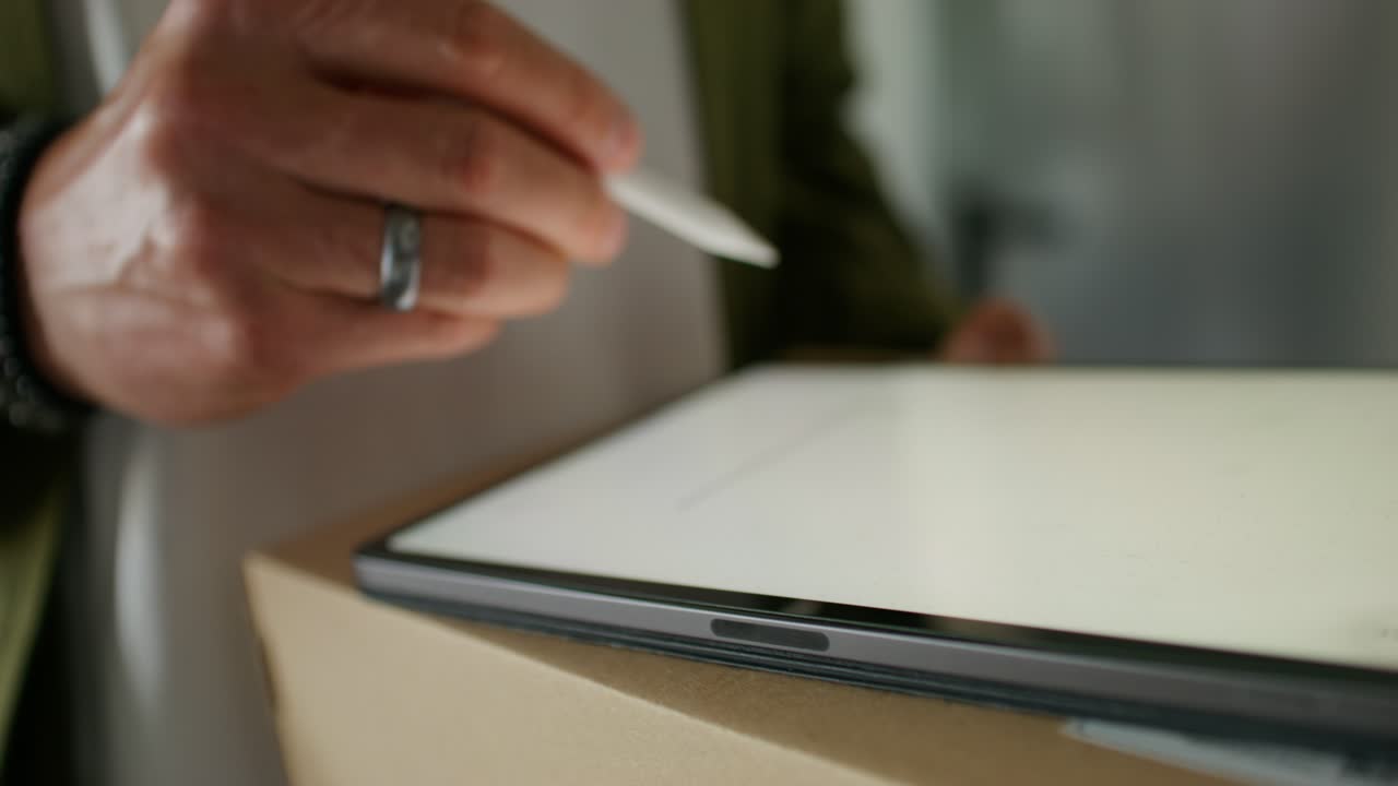 스타일러스를 가진 디지털 태블릿을 사용하는 사람