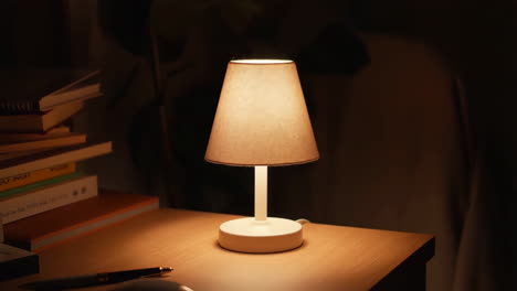 a table lamp illuminates a desk with books and a pen