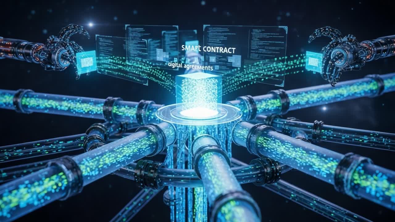A High-Tech Visualization of Smart Contracts in Action: Digital Agreements Processing Through a Network of Advanced Pipelines and Data Displays