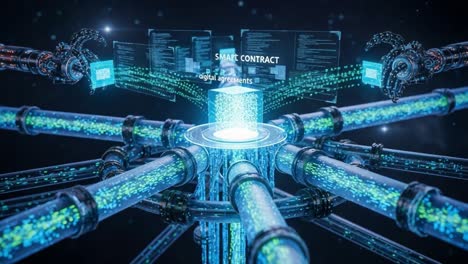 a high-tech visualization of smart contracts in action: digital agreements processing through a network of advanced pipelines and data displays