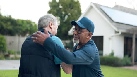 elderly friends, hug and greeting outdoor by