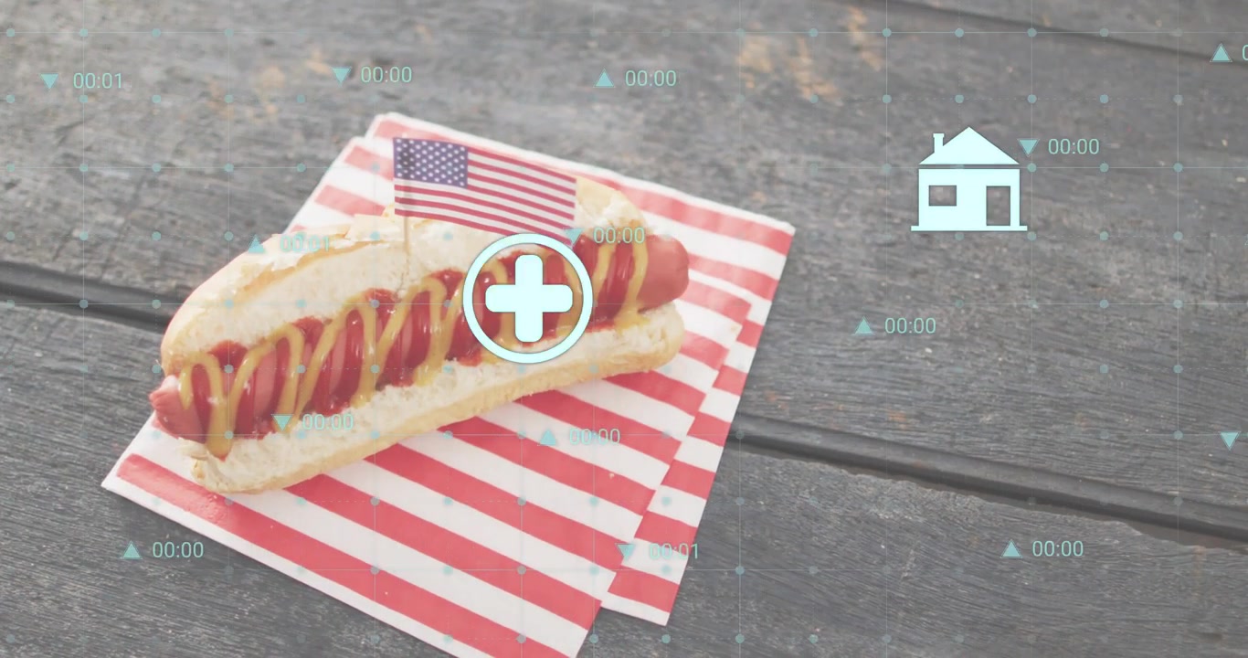 After markers drifting around table while icons pulsing fading revealing hot dog on napkins