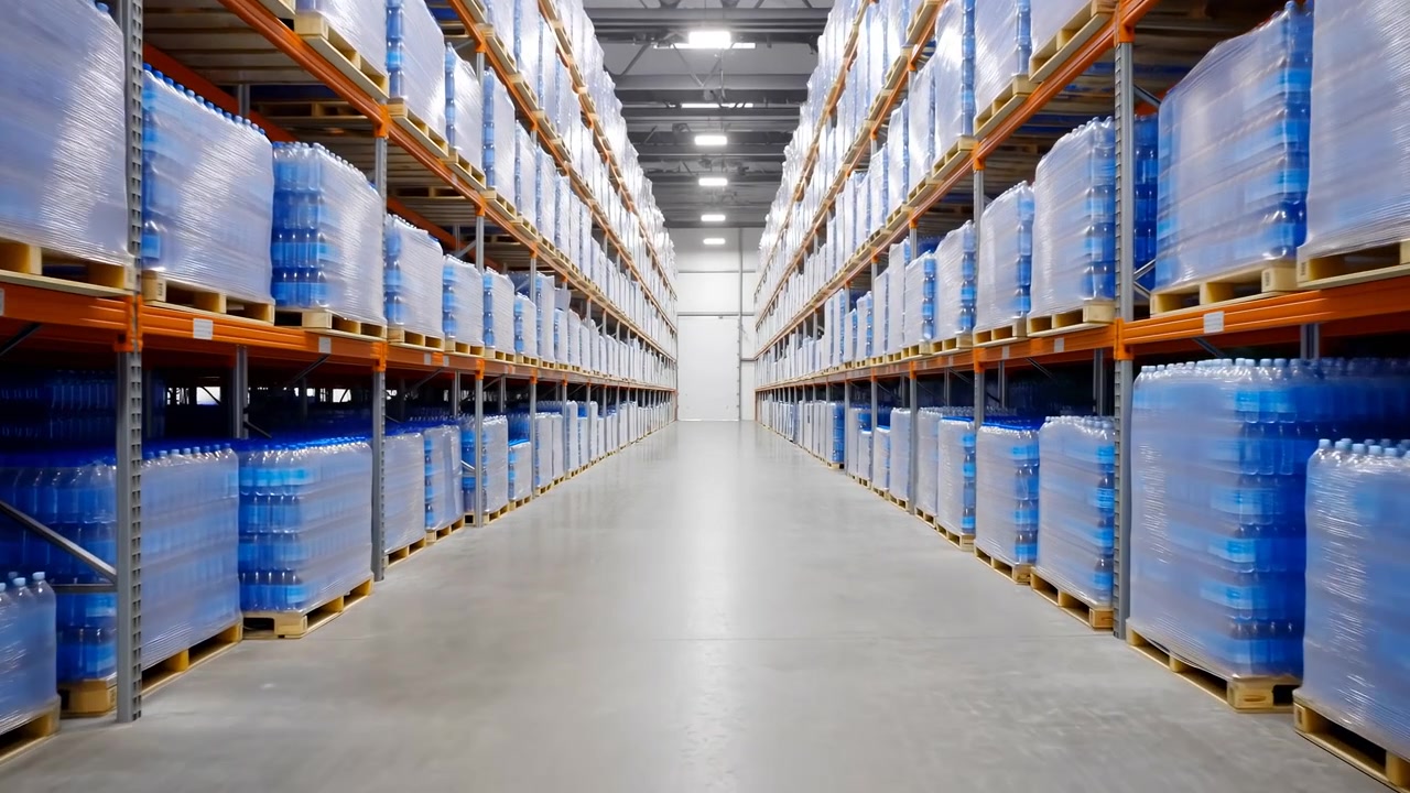 Una scena statica dell'interno di un magazzino vista da una prospettiva in prima persona, che guarda lungo il corridoio. L'ambiente è industriale con scaffali e scatole, caratterizzato da un'illuminazione neutra e professionale
