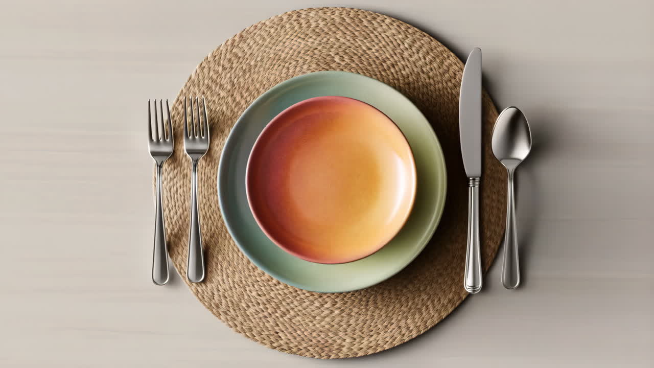 A perfectly set table with colorful plates and cutlery on a woven placemat