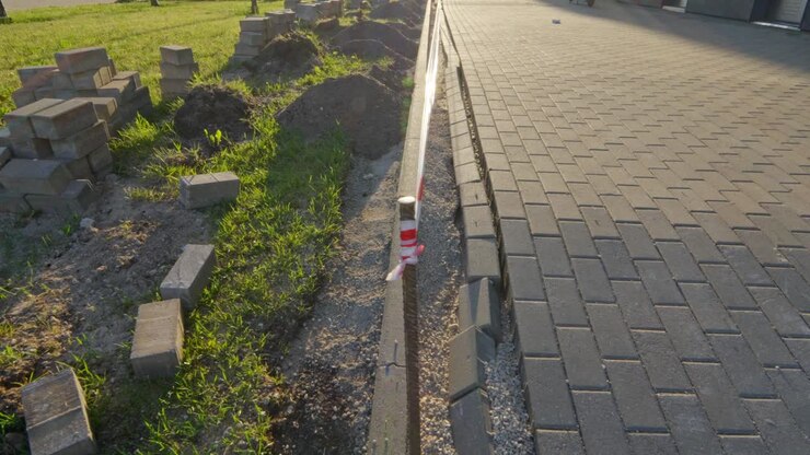 Pavement repairs and paving slabs laying on the prepared surface