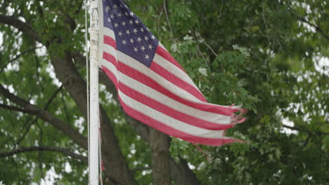 Bandera-Americana-Hecha-Jirones-Ondeando-Lentamente-Con-Hojas-De-árbol-En-El-Fondo