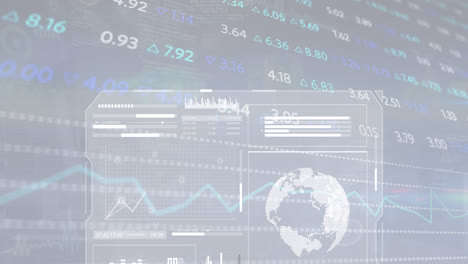 animation of graphs, globes, loading bars and circles over trading board against abstract background