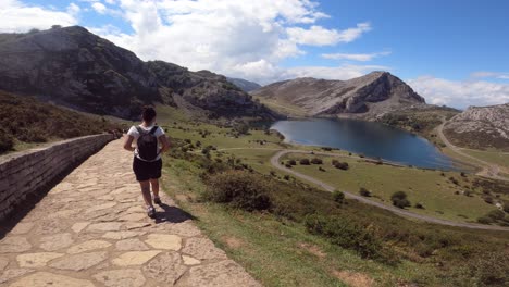 senderismo en lagos de covadonga o lagos de covadonga, rodeado de montañas, lagos y vacas, en españa