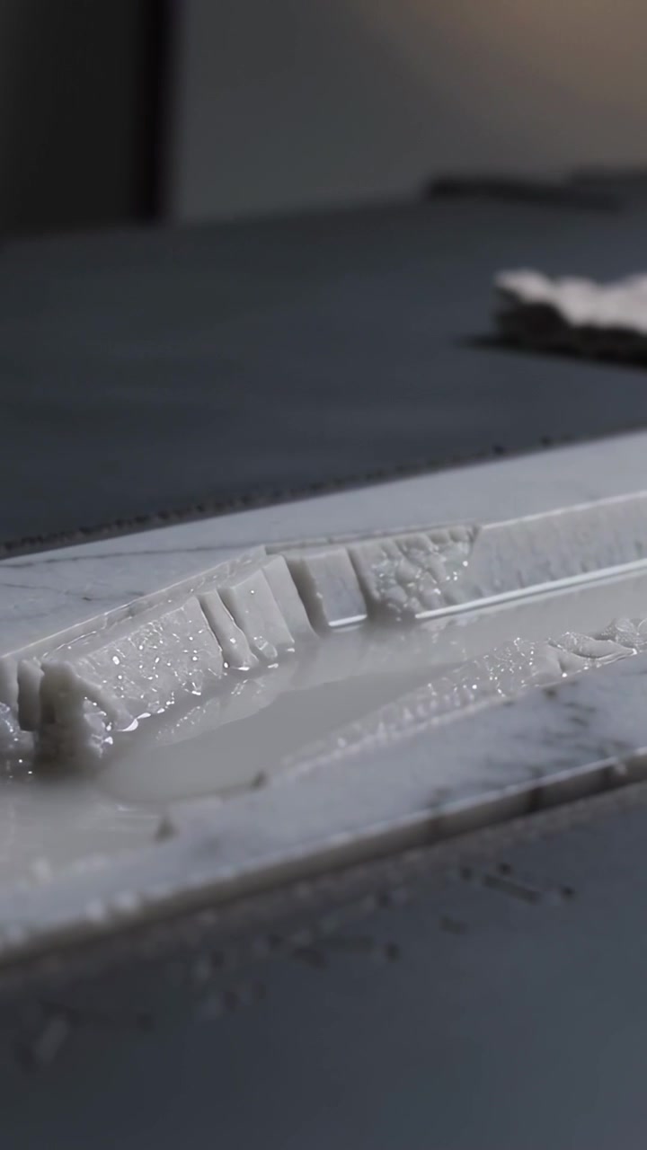Vertical video: Pouring milky liquid filling marble trough at table, freeing granules, with cloth