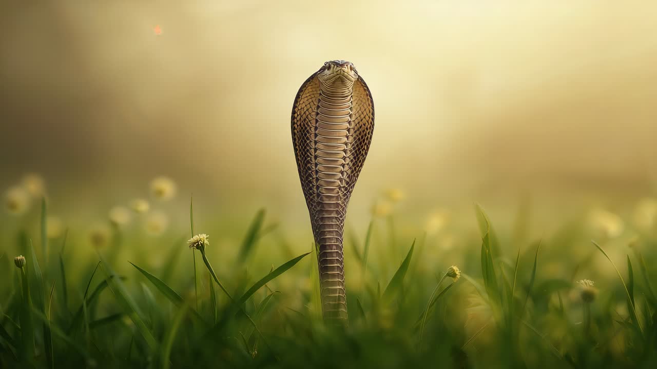 Cobra incappucciata che si erge in posizione difensiva in un campo erboso tra fili d'erba e trifogli in controluce