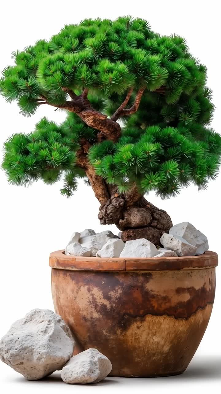 Un bonsai in un vaso con rocce su sfondo bianco