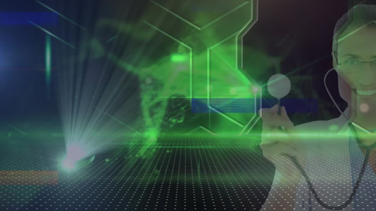 Animation of glowing green digital waves over caucasian female doctor holding stethoscope