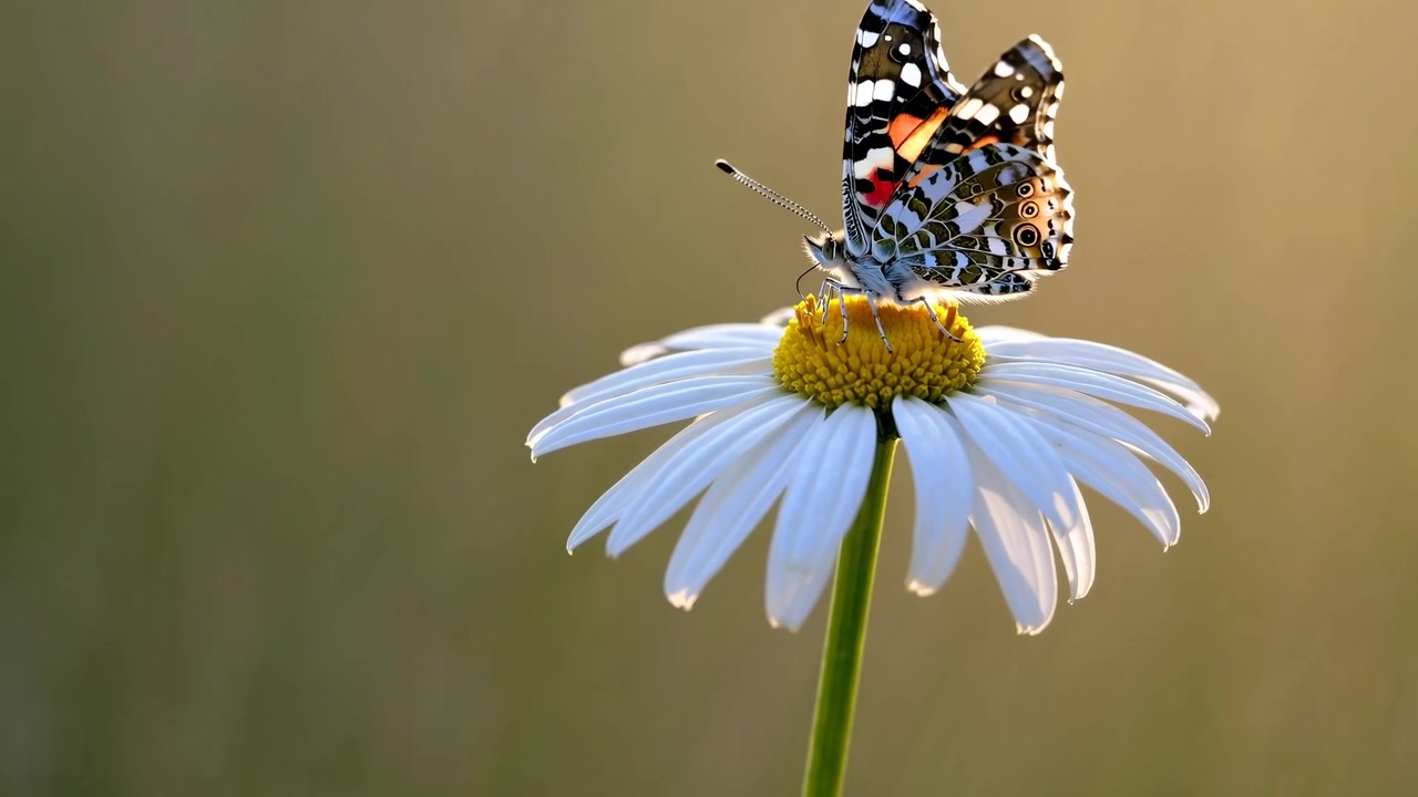 Farfalla Vanessa del Cardo che si nutre su un fiore di margherita bianca