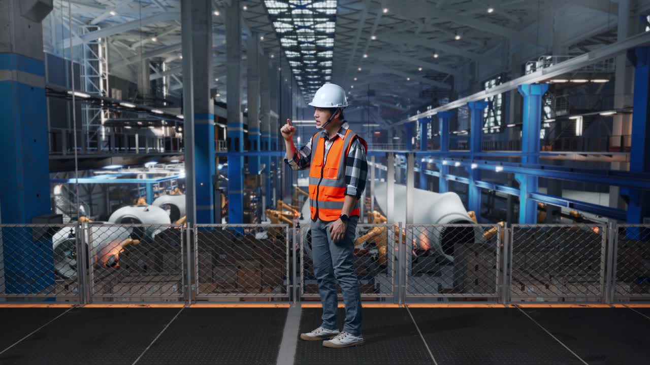 Full Body Side View Of Asian Male Engineer With Safety Helmet Standing In Factory Manufacture of Wind Turbines. Being Angry, Pointing At You And Shouting While Robotic Arm Working